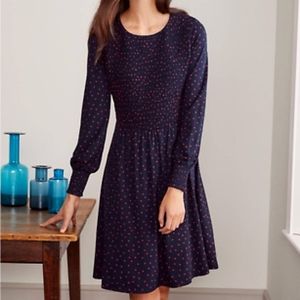 Boden Lena Smocked Dress with Long Sleeves and Polka Dots